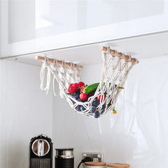 Hooux Hand-Woven Macrame Vegetable Hammock Net Under Cabinet Fruit Hanging Basket Kitchen Storage Organizer Hanging MiniTapestry Decor