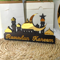 Hooux Ramadan Kareem Table Ornament Wooden Acrylic Eid Mubarak Moon Star Castle DIY Tabletop Decoration Islamic Party Home Decor