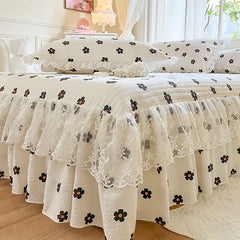 Hooux Princess 1 Piece Lace Bed Skirt + 2 Piece Pillowcases Bedding Bedspreads Sheet Pink Lace Bedding Set Bed For Girl Bed Cover