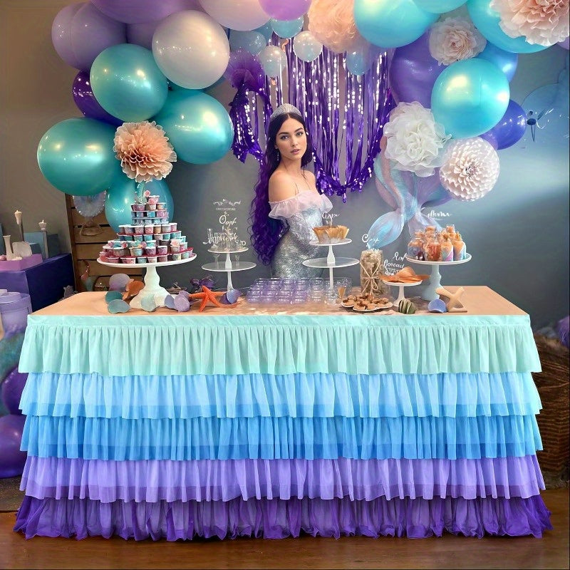 Hooux  9ft Mermaid Tablecloth Party Blue Purple Tutu Tulle Table Skirt for Rectangle Round Tables Chiffon Table Decorations for Mermaid Birthday Party Shower Ruffle Table Skirting SKUBESTCM4-2