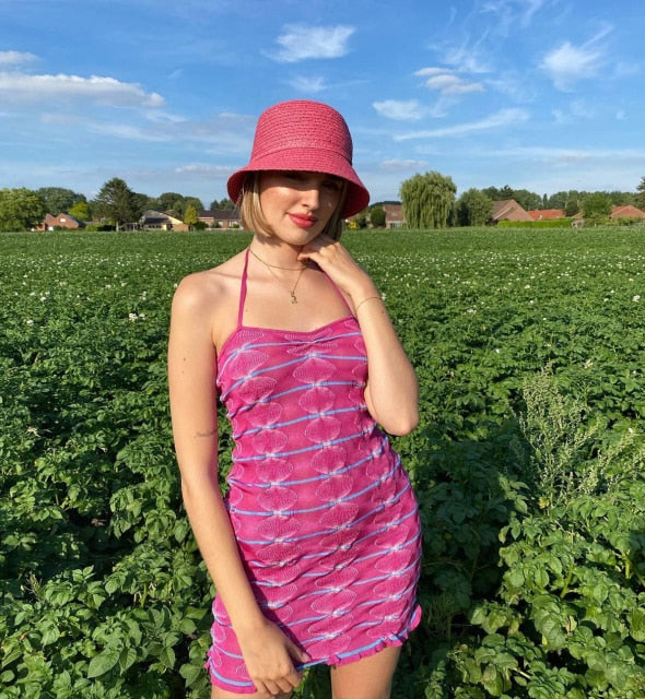 Hooux Female Beach Knitted Bodycon Dress Chic Women Elegant Lady Backless Sleeveless Bandage Halter Sundress Summer Vacation Clothing