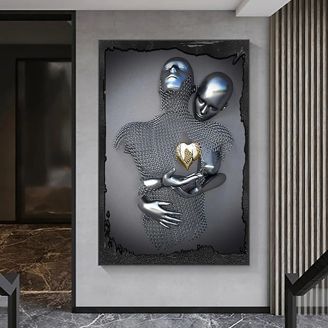 Hooux 3D  Wall Art Love Heart Prints/Posters Metal Sculpture Couple Hug Modern Picture Home Decoration Wall Hanging Gift Rolled Canvas Unframed Unstretched
