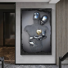 Hooux 3D  Wall Art Love Heart Prints/Posters Metal Sculpture Couple Hug Modern Picture Home Decoration Wall Hanging Gift Rolled Canvas Unframed Unstretched