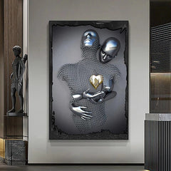 Hooux 3D  Wall Art Love Heart Prints/Posters Metal Sculpture Couple Hug Modern Picture Home Decoration Wall Hanging Gift Rolled Canvas Unframed Unstretched
